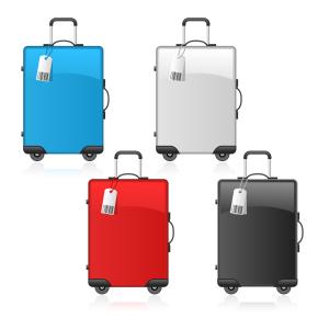 Travel suitcase black, red, blue and white