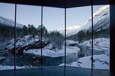 Juvet hotel in Norway with windows overlooking the Valldola River
