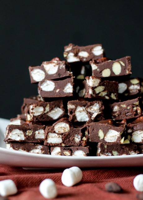 This Easy Rocky Road Fudge is rich, creamy, and comes together in less than 10 minutes with just 5 ingredients!