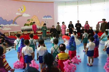 Kim Jong Un and senior DPRK officials watch a performance given by the children living at Pyongyang Baby Home and Orphanage (Photo: Rodong Sinmun).