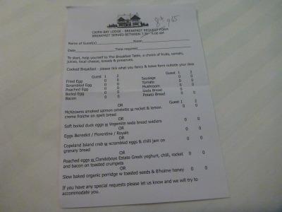 Staying at Cairn Bay Lodge, Bangor, Northern Ireland Choosing our breakfast.