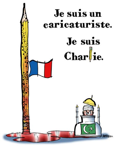 Charlie Hebdo tribute cartoon Paris shootings Islamic extremists French flag at half-mast, bullet-riddled pencil, pool blood, ink bottle as mosque