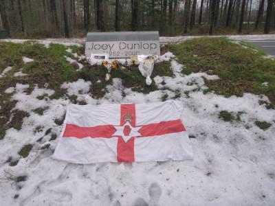 Visiting the Joey Dunlop Memorial in Tallinn, Estonia The traveling Northern Ireland flag and hero Joey Dunlop Memorial.