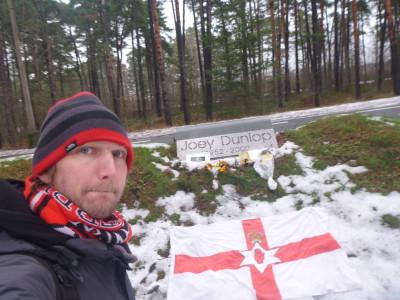 Visiting the Joey Dunlop Memorial in Tallinn, Estonia The traveling Northern Ireland flag and hero Joey Dunlop Memorial.