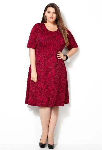 Avenue - Avenue Plus Size Red Swirl Jacquard Dress