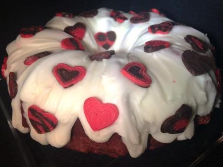 valentines red velvet bundt cake beetroot and hand decorated chocolate hearts