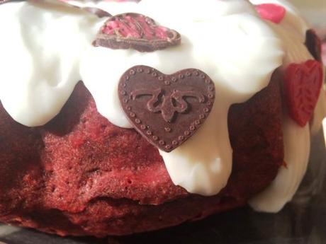 moulded chocolate hearts on red velvet valentines bundt cake
