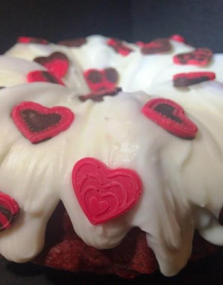 chocolate hearts and cream cheese icing frosting on valentines red velvet beetroot bundt cake