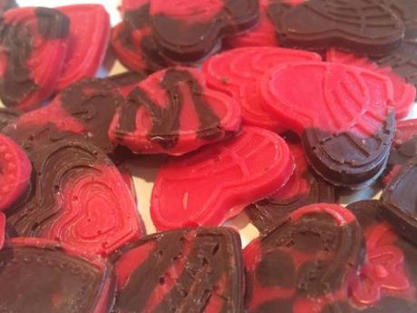 moulded chocolate hearts red candy color melts and dark