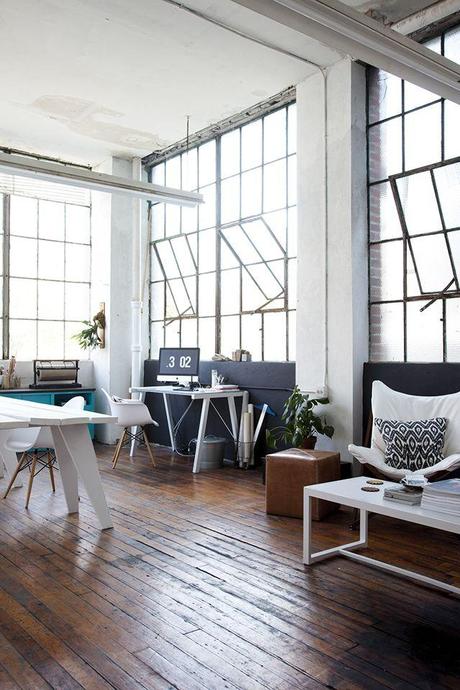Some office love old plank floors and big open windows. dream office space // #industrial #warehouse