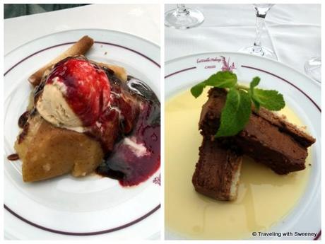 Delectable desserts at La Vielle Auberge: La Pomme chaud-froid (hot apples with ice cream), Le Gâteau au chocolat (chocolate cake)