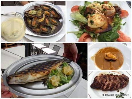 From top left: Les moules gratinées à la Provençal (mussels), La salade au chèvre chaud (goat cheese salad), Soupe de Poissons (fish soup), Le magret de canard (duck breast), Le loup grillé au fenouil (sea bass)