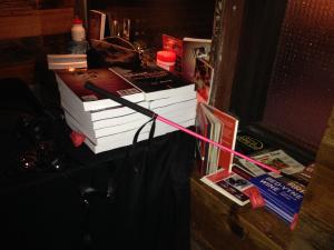 book table, books, pink cane, the reporter and the girl, love you up