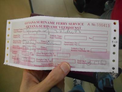 World Borders: How to Get From Guyana to Suriname (Ferry from Moleson Creek to South Drain) Our ferry ticket from Suriname to Guyana.
