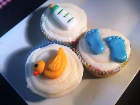 baby shower cupcakes with handmade toppers bottle duck blue boy footprints