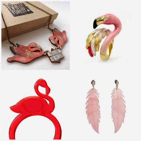 Flamingo jewellery, flamingo themed jewellery, Baku Forest flamingo necklace, swallows are cliche necklace, I love crafty flamingo ring, Sugar and Vice flamingo earrings