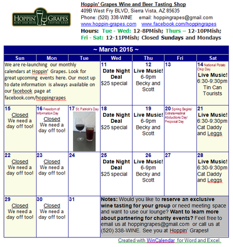 March 2015 Event Calendar for Hoppin' Grapes Wine and Beer Tasting Bar and Retail Shop