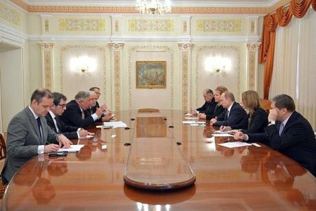 President Putin and Putin French Senate Pres Gerard Larcher, Novo-Ogaryovo, 26 Feb 2015.