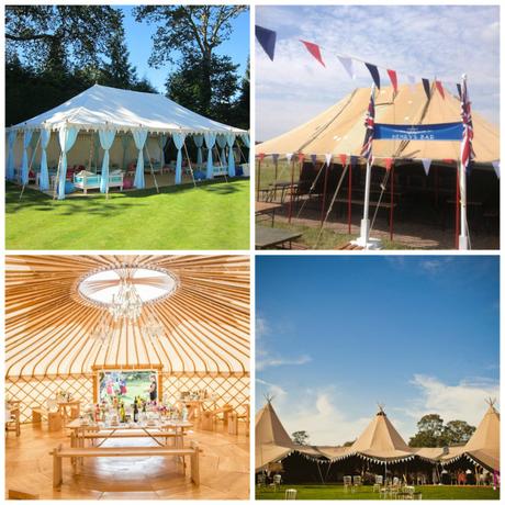 Clockwise from top left: Indian style Raj tent; vintage military tent; tipis; yurt
