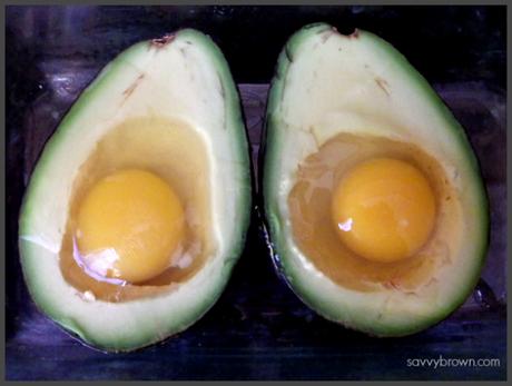 baked eggs in avocado, savvy brown