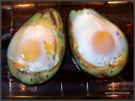baked eggs in avocado, savvy brown