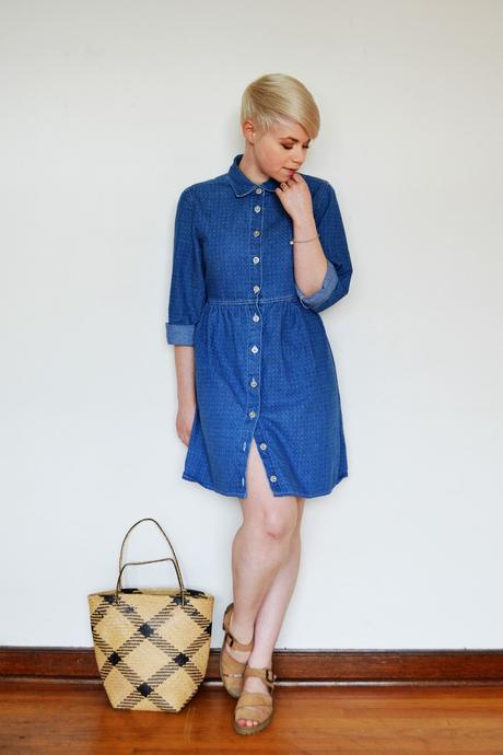 Look of the Day: Little Denim Dress & Chunky Sandals
