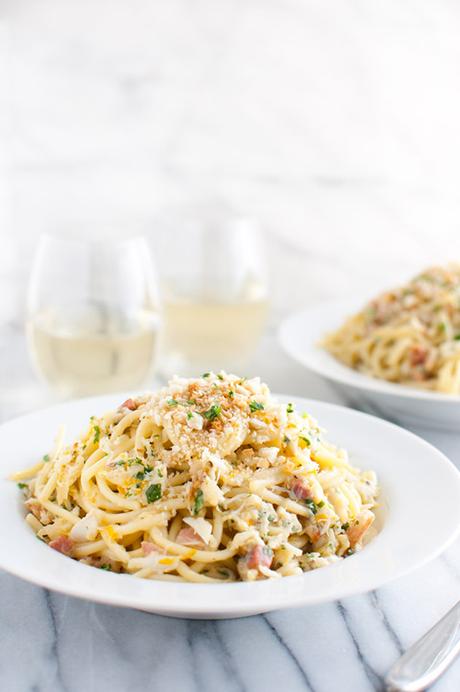 Sunday bliss is.. Spaghetti Carbonara with Crab and Meyer Lemon recipe by Taming Of The Spoon