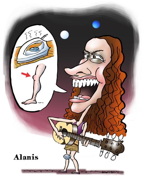 Caricature Canadian singer songwriter Alanis Morissette whose most famous song is Ironic playing guitar and singing rebus with clothes iron, knee, human leg