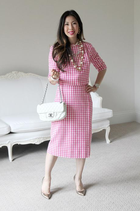 pink gingham trouser suit