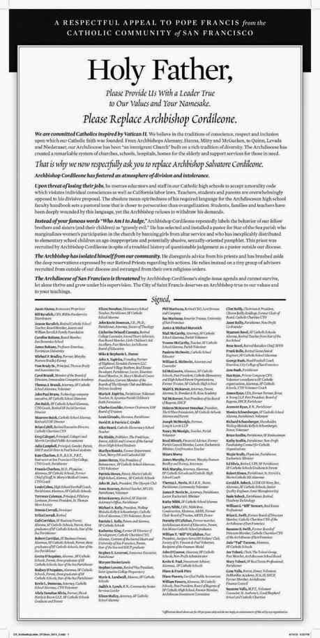 Here's the Ad from Today's San Francisco Chronicle, Asking Pope Francis to Remove Salvatore Cordileone as Archbishop of San Francisco