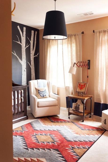 Balancing a simplistic but eclectic style This fox-themed nursery features a chalkboard accent wall and a southwest-inspired rug that we just adore! Nursery Love! {Pick from PN's own Lauren}