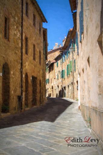 San Quirico D’Orcia San Quirico D'Orcia, Tuscany, Italy, village, winding lane, buildings, digital painting, travel photography