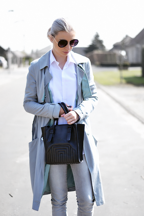 Turn it inside out // Grey trench coat Grey trench coat, asos, mac, white shirt, primark, zara tote bag, celine inspired, round sunglasses primark