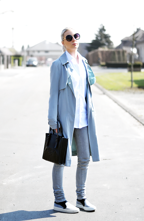 Turn it inside out // Grey trench coat outfitpost, street style, celine slip ons, zara, bag, mango jeans