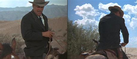 William Holden in The Wild Bunch Pike rides into Mexico, appropriately dressed for meeting fellow criminals but not necessarily for horseback.