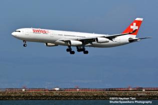 2015 April SFO, airliners  Swiss A340,