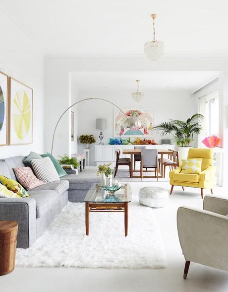 Finding Balance in your Home Decor Simple - balanced - harmonious - color - white - area rug - arc lamp - pendant light