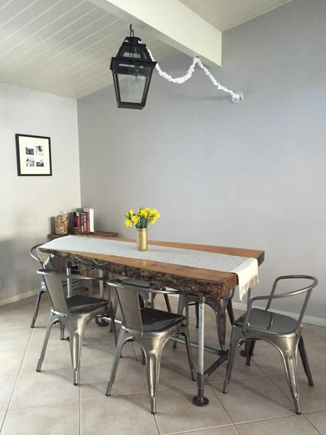 {the new} home sweet home Dining-Room-Wood-Slab-Table-Striped-Runner-Mason-Jar-Gold-Target-Carlisle-Chairs-Gentle-Rain-Color-Wall-Pottery-Barn-Lamp-Lantern-Light-Cord-Cover-Hider