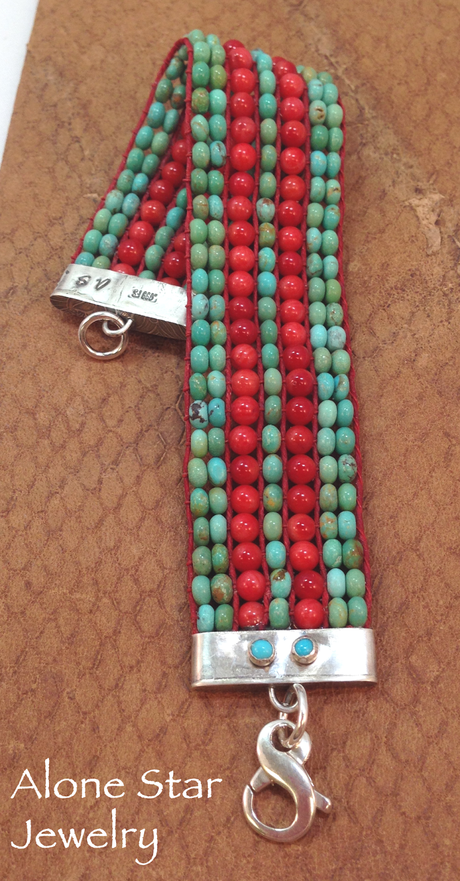 Turquoise and Coral Loom Bracelet Here is a loomed bracel...