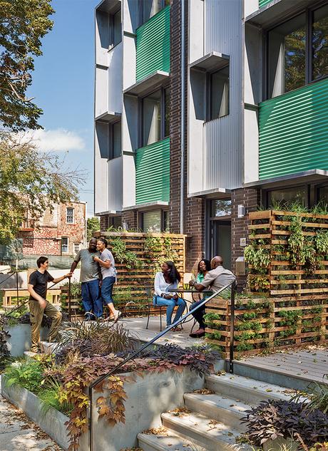 Modern affordable multifamily passive houses like the Belfield Avenue Townhomes in Philadelphia by Onion Flats facade
