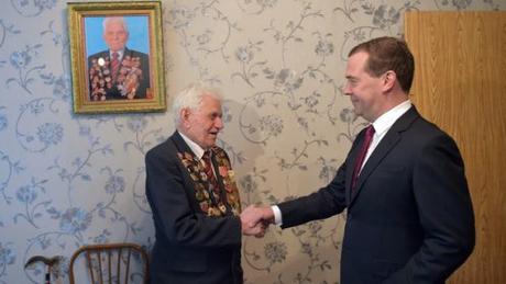 Prime Minister Dmitry Medvedev during a visit to veteran of the Great Patriotic War Ilya Kalashnikov Krasnoseltseva.