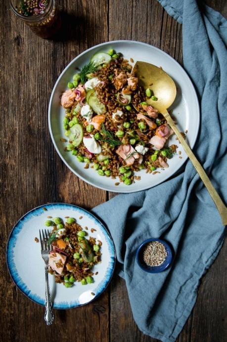 Rye berry salad with salmon and fresh chickpeas