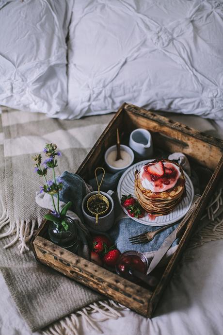 Sunday bliss is.. Goat Cheese & Mascarpone Vanilla Bean Pancakes with Strawberry Rhubarb Syrup recipe by Adventures in Cooking