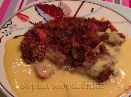 Strawberry rhubarb crumble served with hot Devon custard! Heaven!