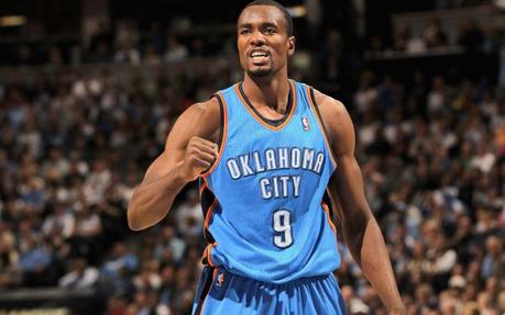 DENVER, CO - APRIL 23: Serge Ibaka #9 of the Oklahoma City Thunder celebrates a play against the Denver Nuggets in Game Three of the Western Conference Quarterfinals in the 2011 NBA Playoffs on April 23, 2011 at the Pepsi Center in Denver, Colorado. The Thunder defeated the Nuggets 97-94 to take a 3-0 lead in the series. NOTE TO USER: User expressly acknowledges and agrees that, by downloading and or using this photograph, User is consenting to the terms and conditions of the Getty Images License Agreement.   Doug Pensinger/Getty Images/AFP
