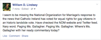 Paging Ms. Gallagher, Paging Ms. Gallagher: Where's NOM Response to Catholic Ireland's Massive Vote for Human Rights (and Compassion, Courage, Hope)?