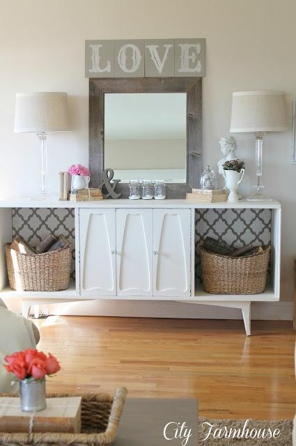 Different ways to use a buffet table 10 dollar vintage stereo re-do & lamps (from Target)