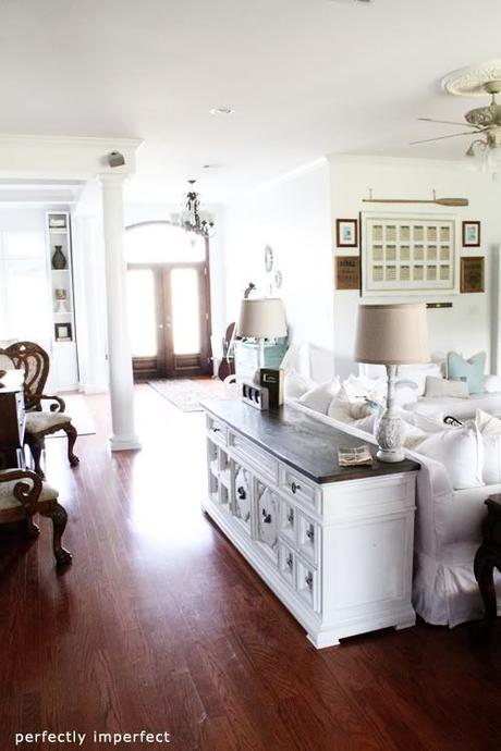 Different ways to use a buffet table Dresser behind the couch to Define space b/t open concept living rm and dining rm or kitchen.