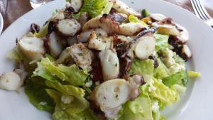 Octopus salad - baby octopus, lettuce, tomatoes, cucumbers, feta cheese, Kalamata & nicoise olives