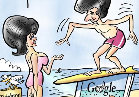 detail image Frankie Avalon Annette Funicello on Brighton Beach parody of 1960s beach movies surfboard on computer with Google landing page joke surfing internet with shark seagull